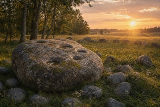 A ritual stone with water-filled hollows in a meadow as a Lithuanian symbol of sacred place and offering