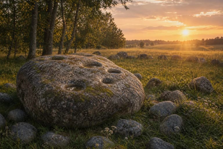 A ritual stone with water-filled hollows in a meadow as a Lithuanian symbol of sacred place and offering