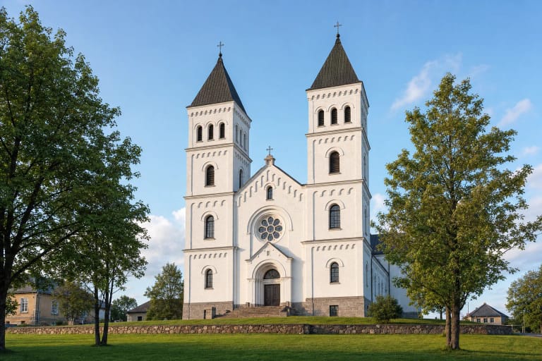 Balta neoromaninė Alantos Šv. apaštalo Jokūbo bažnyčia su dviem aukštais bokštais, rozetės langu ir akmenų mūro šventoriaus siena