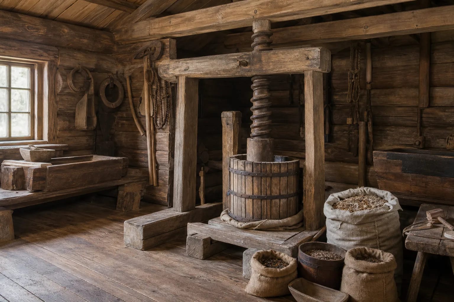 The value of an aliejinė is clearest in its press equipment and work space.