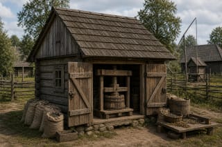 Traditional aliejinė with a wooden building, sacks of flaxseed, stones or rollers, a press, and a stove for pressing oil