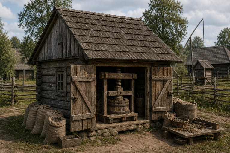 Traditional aliejinė with a wooden building, sacks of flaxseed, stones or rollers, a press, and a stove for pressing oil