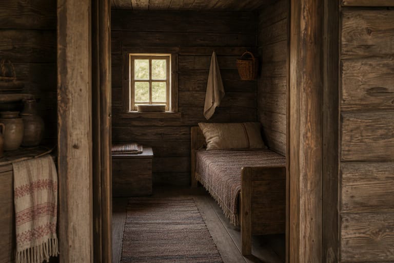 An alkierius in a Žemaitian troba as a small side room with a bed, chest, small window, and restrained wooden interior