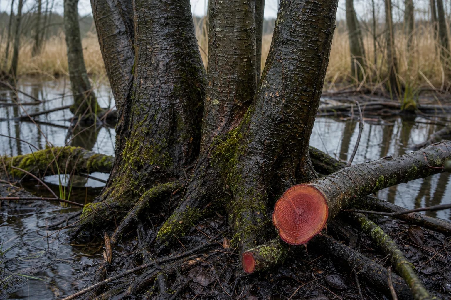Alders in a wet grove with a freshly cut branch showing reddish wood.