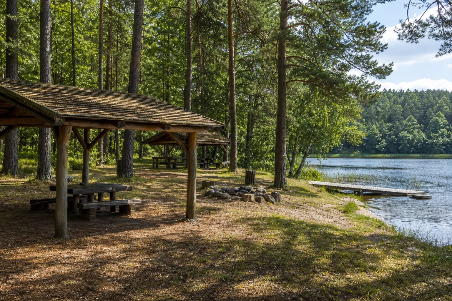 Almajo Campsite woodland clearing with a timber shelter, fire pit, pier, and lakeshore