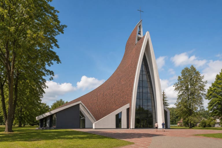Modern Church of St Anne in Alvitas with a tall curved russet wall, white framing, and a narrow glazed front in a tree-lined churchyard