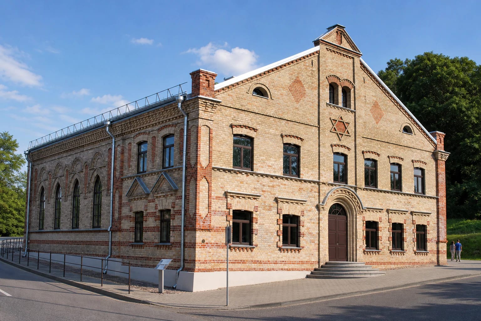 Restauruotas Alytaus sinagogos geltonų ir raudonų plytų fasadas su Dovydo žvaigžde ir Audiovizualiųjų menų centro įėjimu