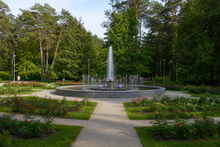 Alytaus miesto sodo apskritas pilko granito fontanas tarp rožių, radialinių takų ir aukštų pušų