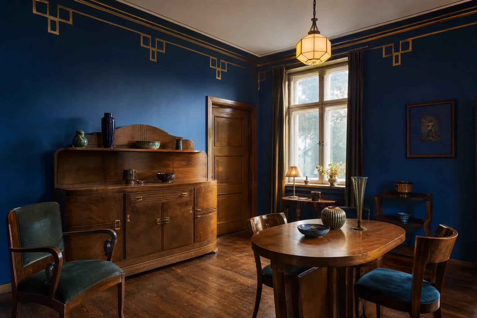 Interwar sitting room in the Amsterdam School Museum with deep blue walls, wooden furniture, and a geometric pendant light