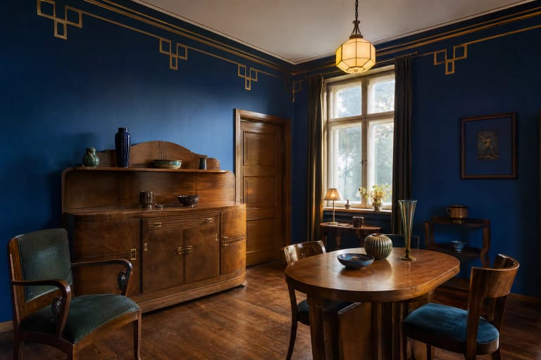Interwar sitting room in the Amsterdam School Museum with deep blue walls, wooden furniture, and a geometric pendant light