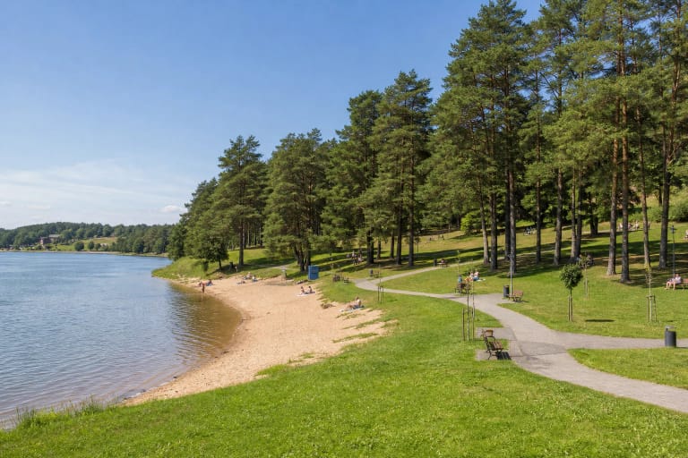 Sutvarkyta Skaudvilės tvenkinio pakrantė su paplūdimiu, veja ir pušimis