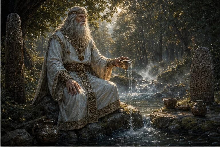 Andojas Andajus in Lithuanian mythology stands on a high hill beneath the sky
