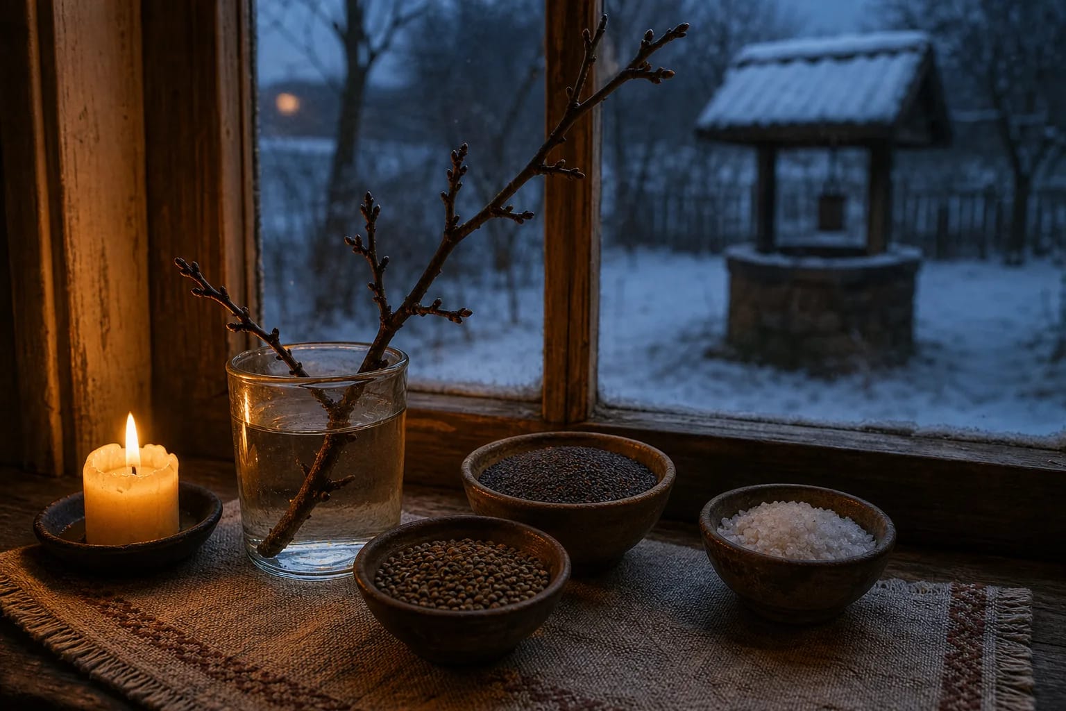 An Andriejines cherry twig in water with hemp and poppy seeds