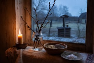 A St Andrew's Eve windowsill with a cherry twig in water, hemp, poppy seeds, salt, and a well visible outside
