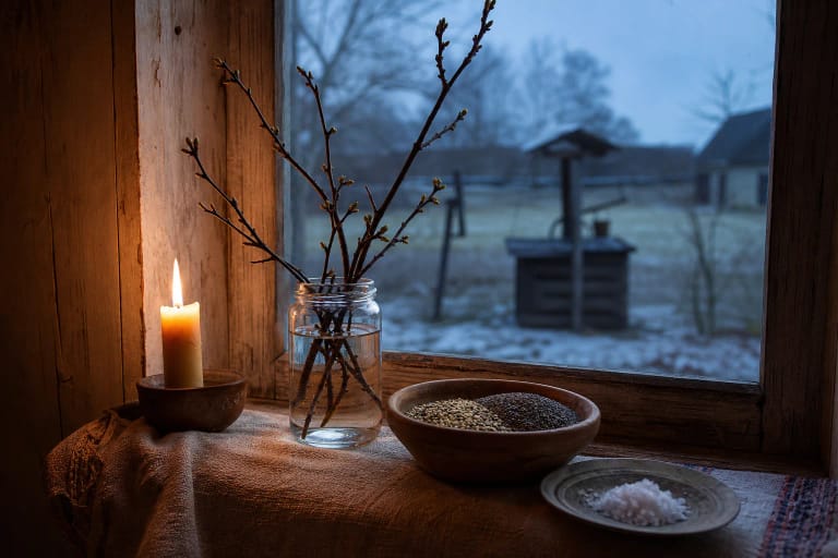 A St Andrew's Eve windowsill with a cherry twig in water, hemp, poppy seeds, salt, and a well visible outside