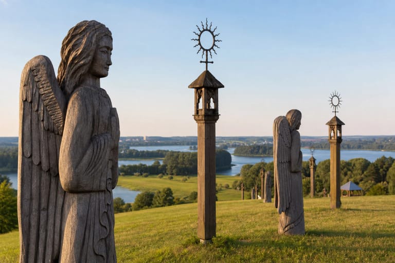 Angelų kalvos Trakuose žolėta kalva su medinėmis angelų skulptūromis ir Trakų ežerų kraštovaizdžiu