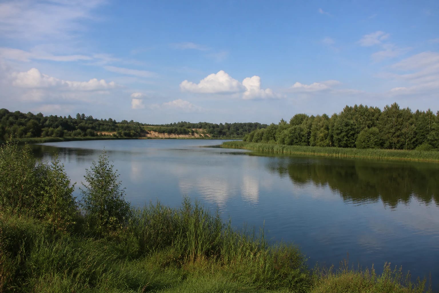 Angiriai Reservoir with a broad water surface, wooded shores, and a green bank