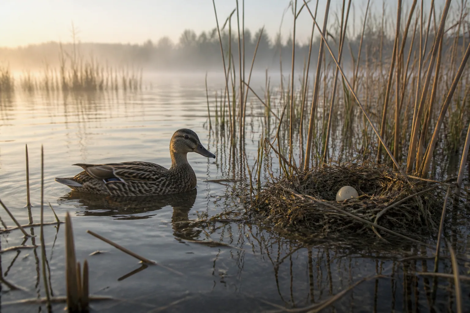 Duck in lake reeds beside a nest and pale egg.