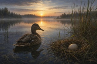 A duck on water with an egg as a symbol of the world's beginning in Lithuanian folklore
