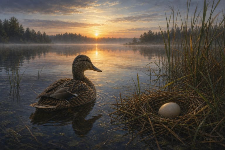 A duck on water with an egg as a symbol of the world's beginning in Lithuanian folklore