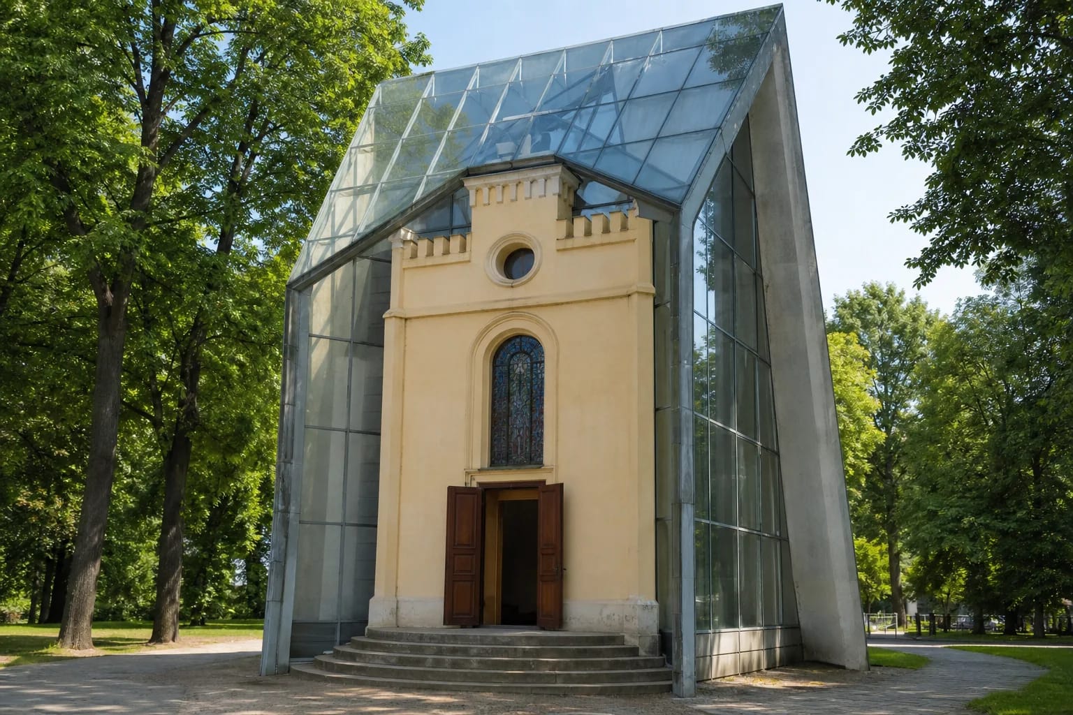 Светлая часовня Аникщяй 1858 года с арочным витражным окном и круглым проёмом под большим угловатым стеклянно-бетонным куполом