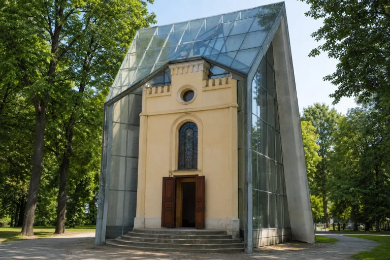 Šviesi 1858 m. Anykščių koplyčia su arkinio vitražo langu ir apskrita anga po dideliu kampuotu stiklo bei betono gaubtu