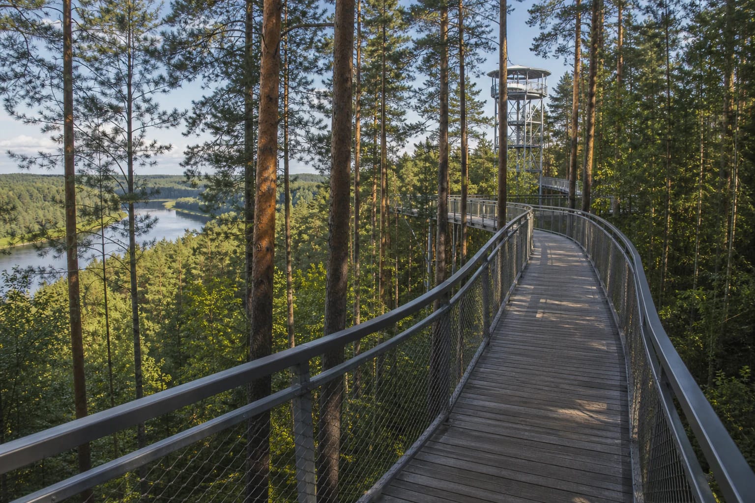 Anykščių lajų takas, pakeltas takas tarp pušų Anykščių šilelyje su apžvalgos bokštu