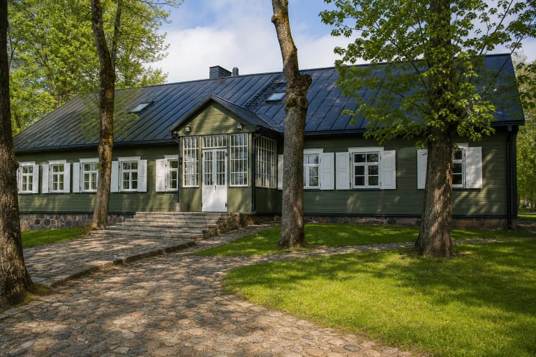 Anykščių regioninio parko lankytojų centro tamsiai žalias medinis buvusios mokyklos pastatas su baltais langais