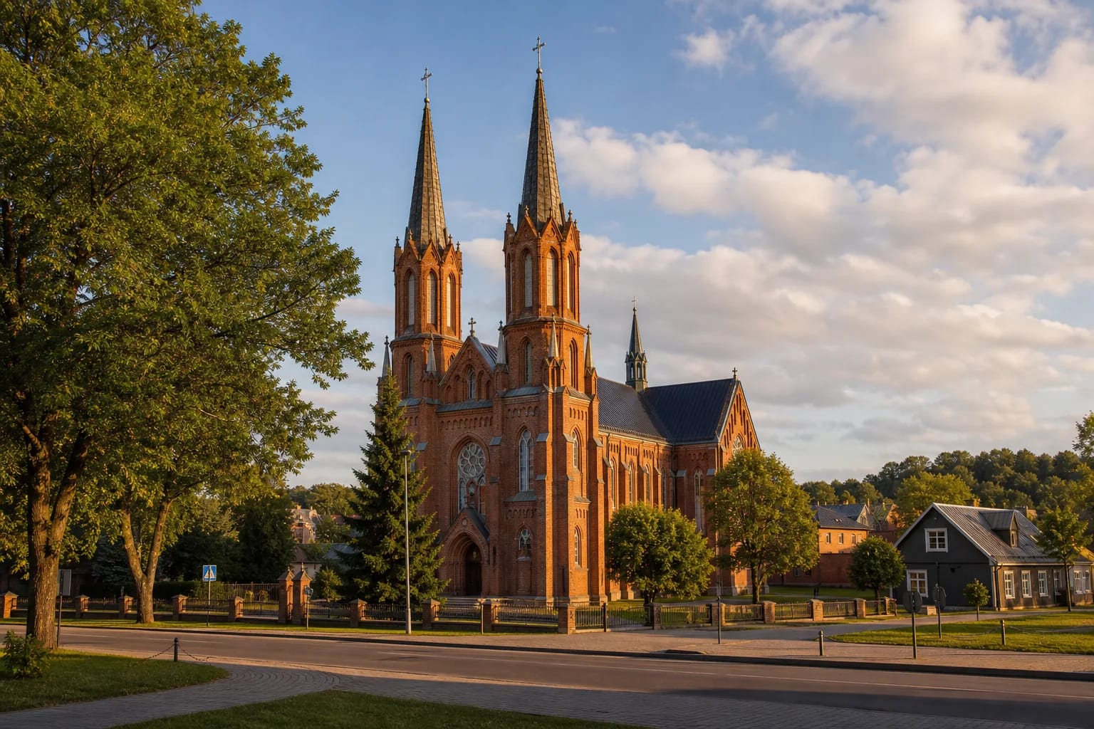 The Neo-Gothic twin towers of Anykščiai St. Matthew Church above the town and the Šventoji valley