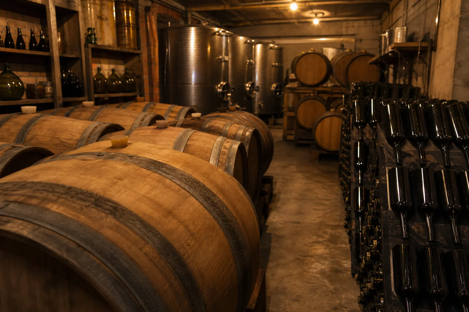 Cellars of the Anykščių vynas factory with wine barrels and bottles