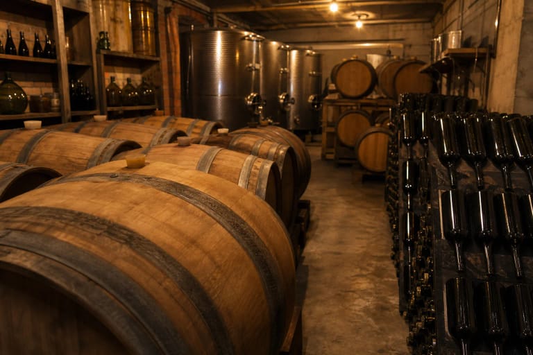 Cellars of the Anykščių vynas factory with wine barrels and bottles