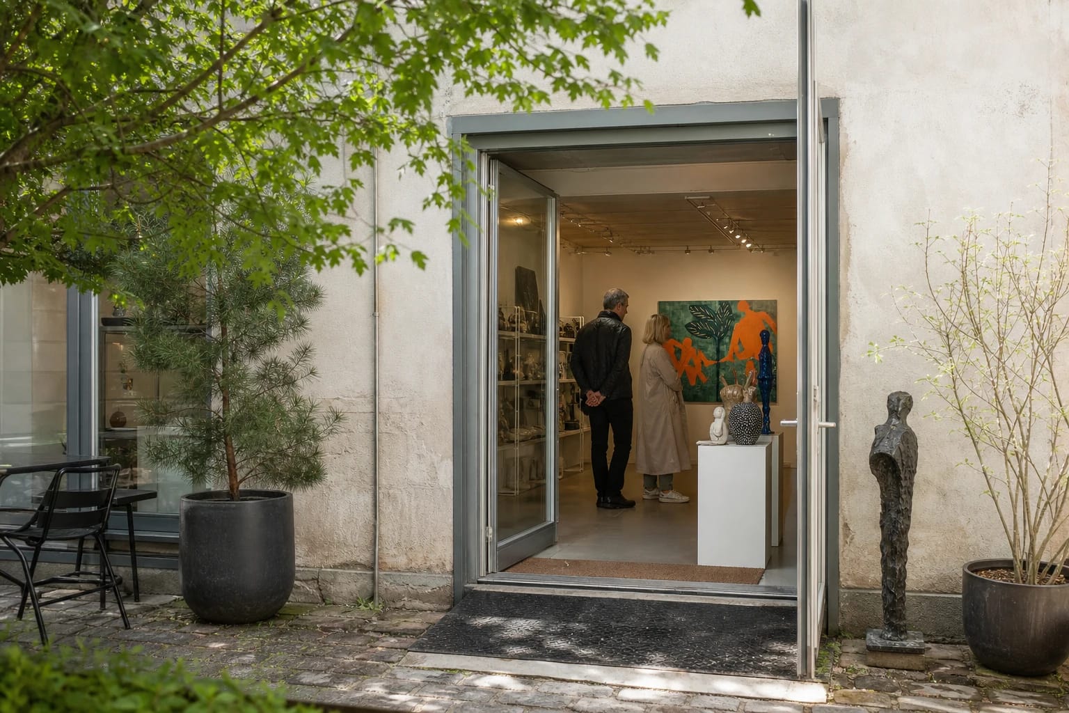 AP Gallery courtyard entrance with colourful artworks and visitors