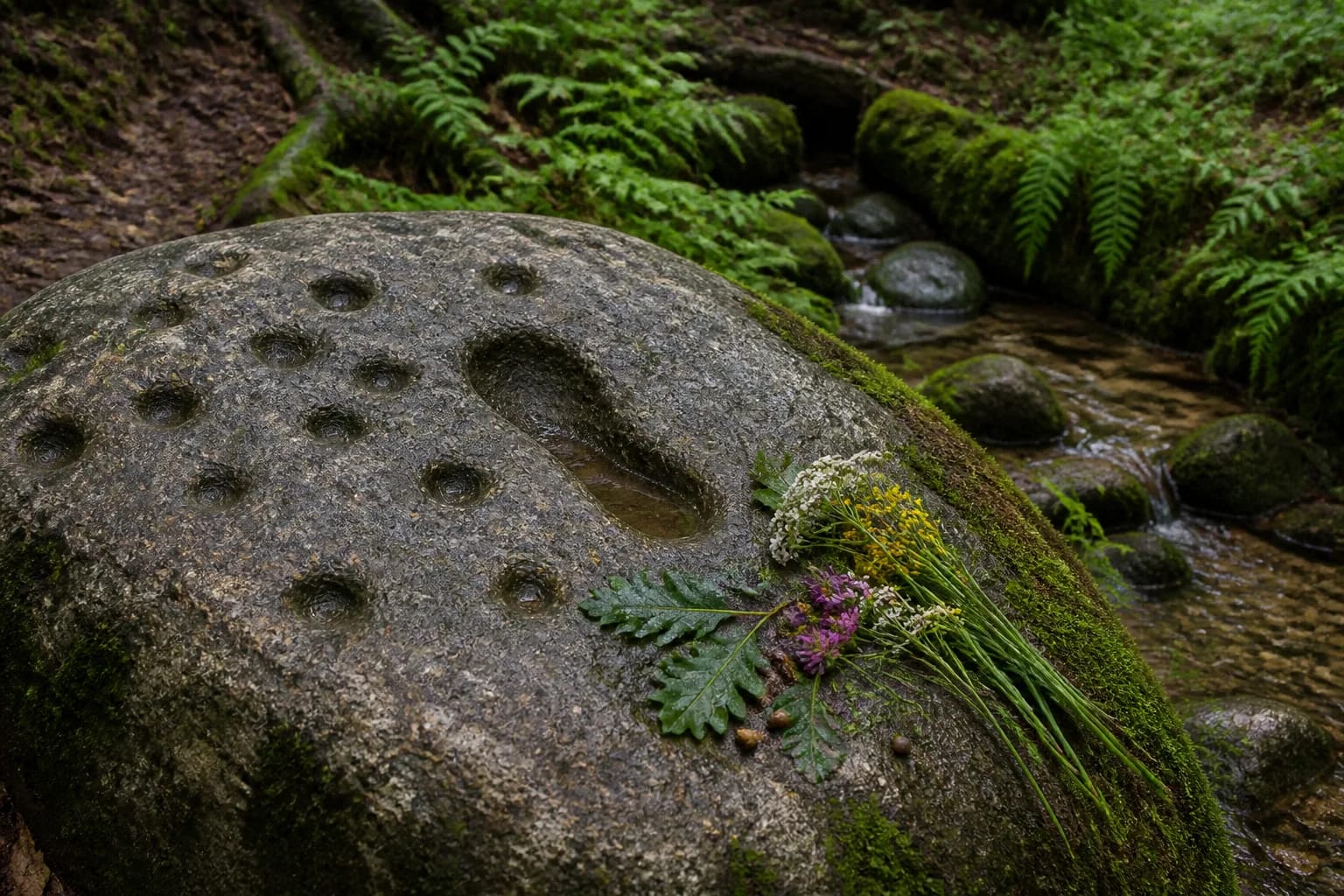 Ritual stone with cup marks and a footprint hollow beside a forest spring.
