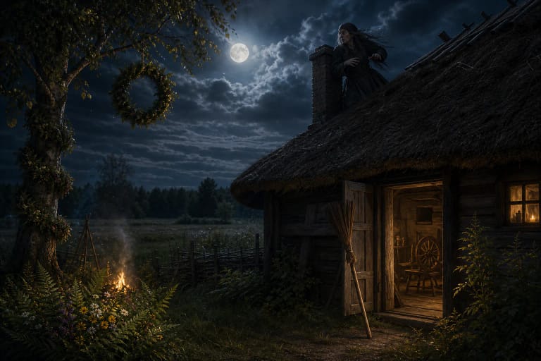On Joninės night a witch falls from the roof of an old homestead in a stormy wind while a moved broom stands by the door