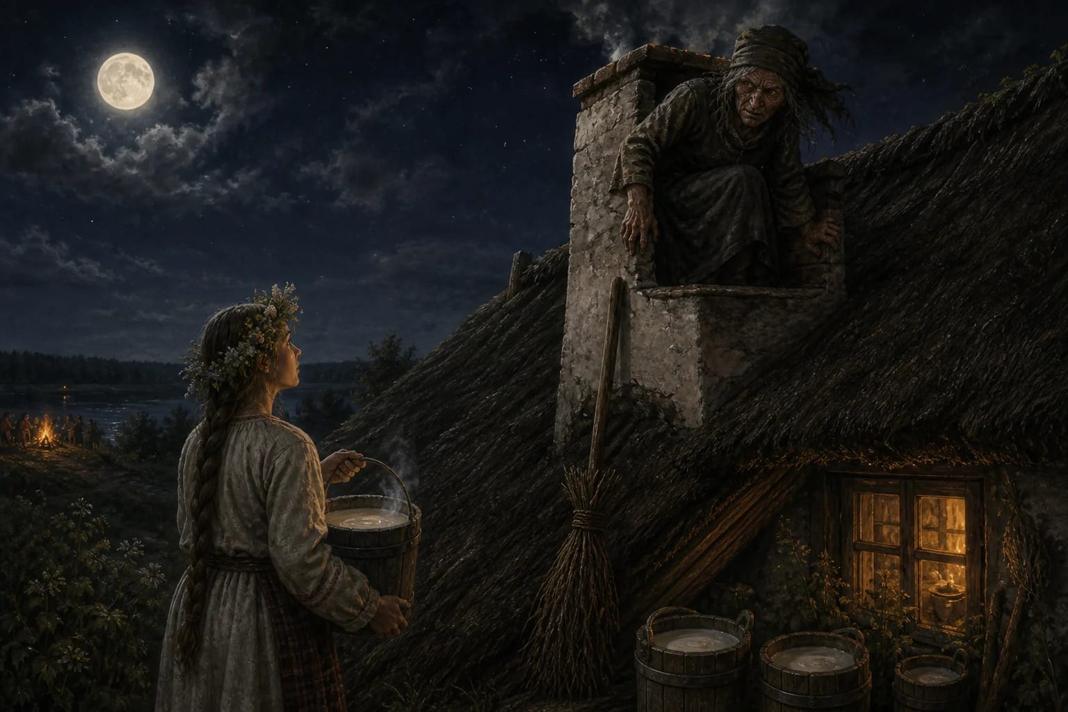 The Tricked Witch visual interpretation with milk stealing, Joninės night, upturned broom motifs