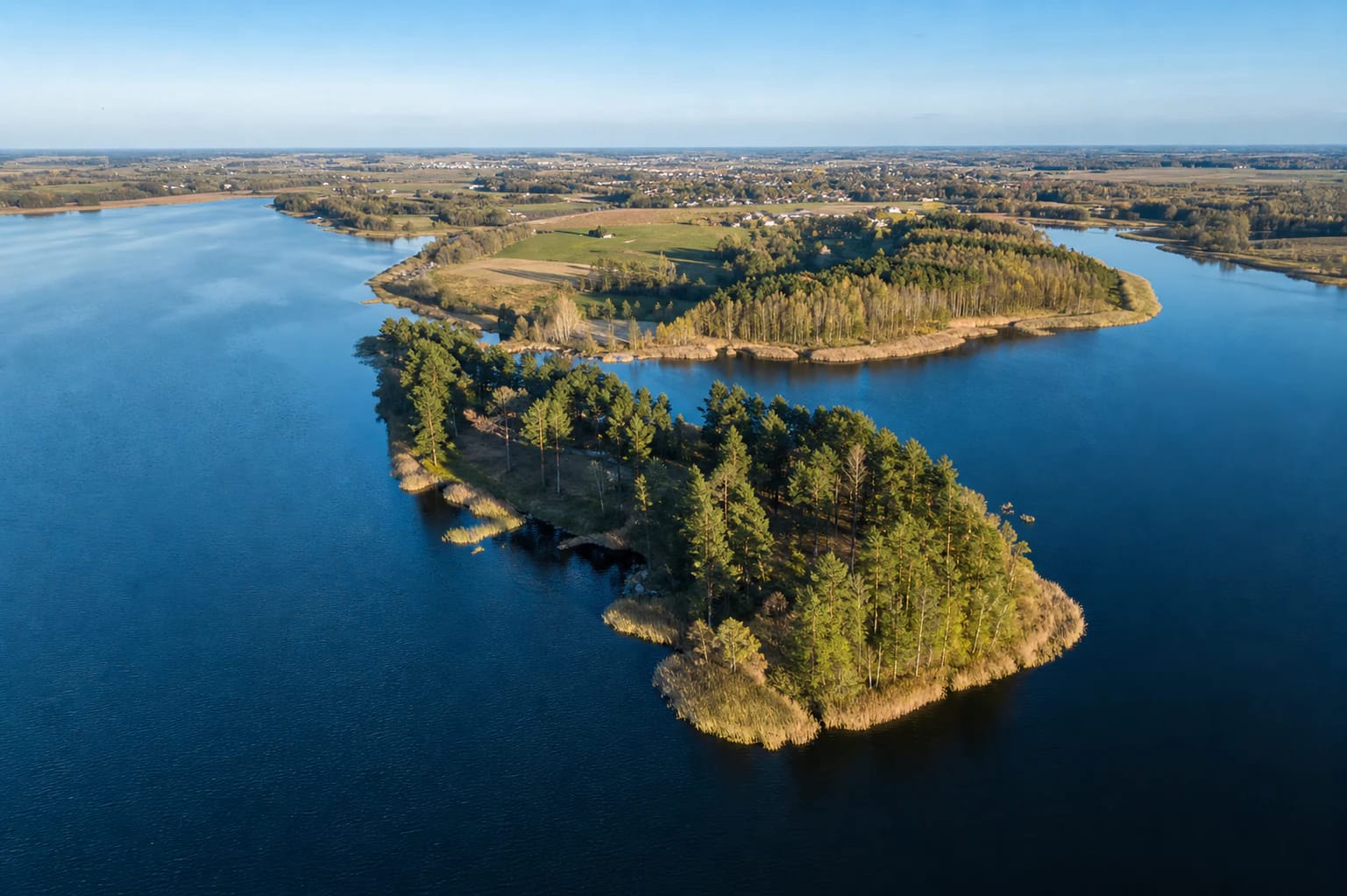 Извилистый берег озера Аримайчяй и покрытые лесом полуострова, уходящие в воду, вид с воздуха
