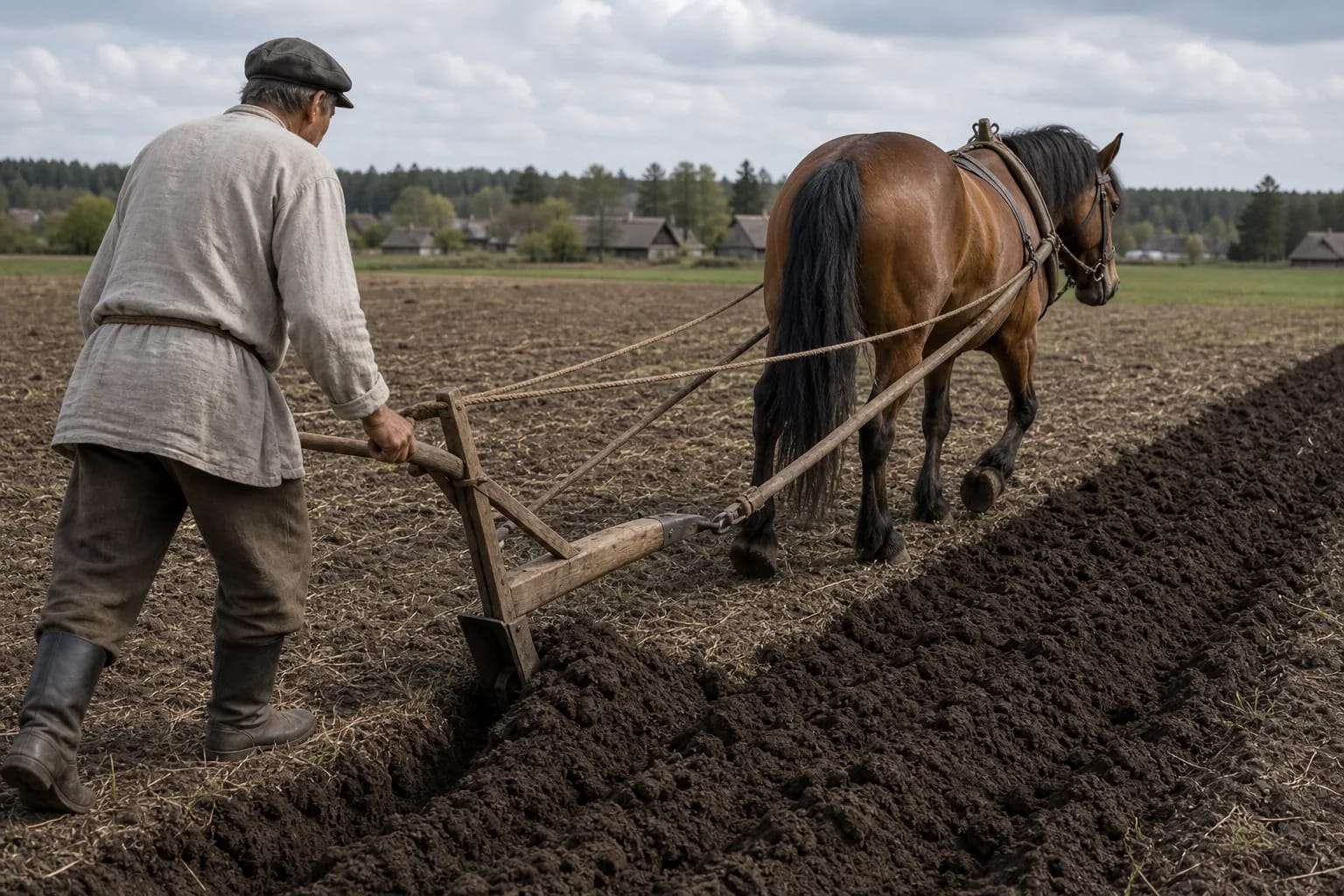 A ploughman guides a horse-drawn plough through a straight spring furrow.