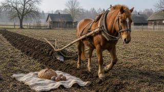 In a spring field, a harnessed horse pulls a one-furrow plough, with bread and Easter eggs placed on linen beside the first furrow