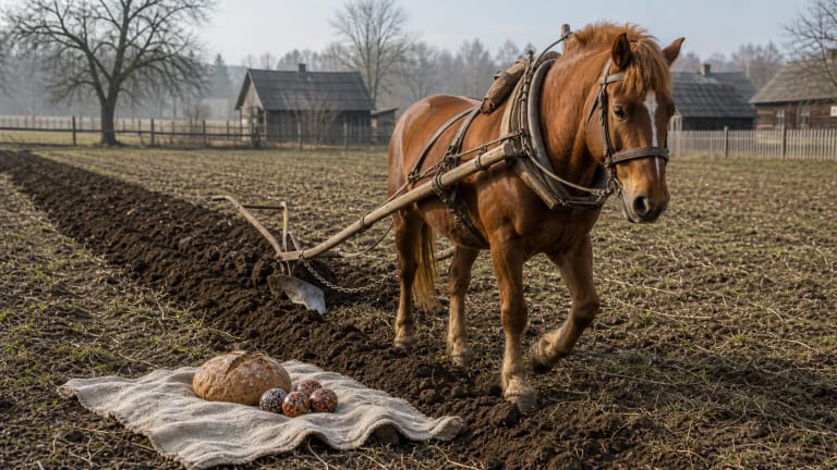 In a spring field, a harnessed horse pulls a one-furrow plough, with bread and Easter eggs placed on linen beside the first furrow