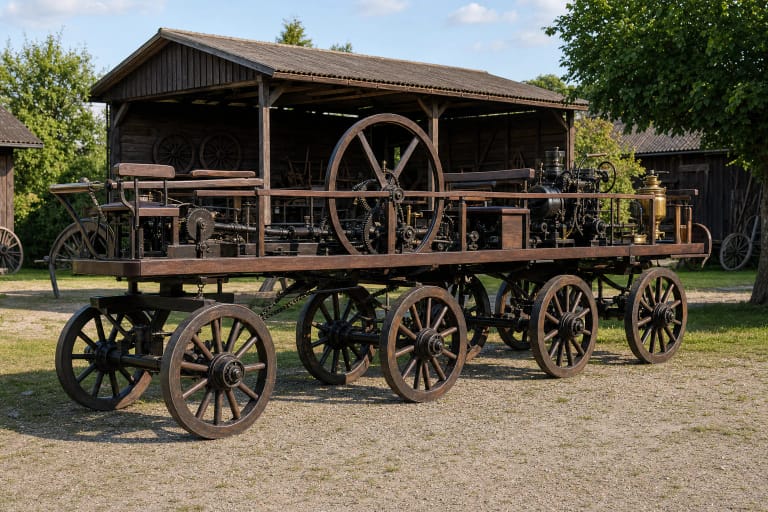 Aštuonratės medinės važiuoklės rekonstrukcija su keturiomis ašimis, stipininiais ratais ir mechanizmais Nemakščių muziejaus kieme