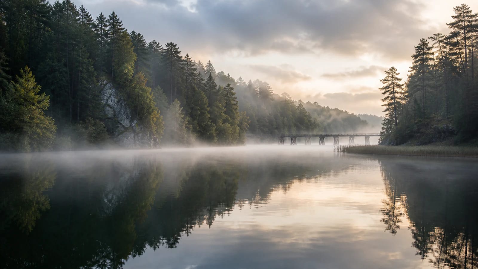 Long narrow Lake Asveja near Dubingiai, with an old bridge and castle-site silhouette visible through mist