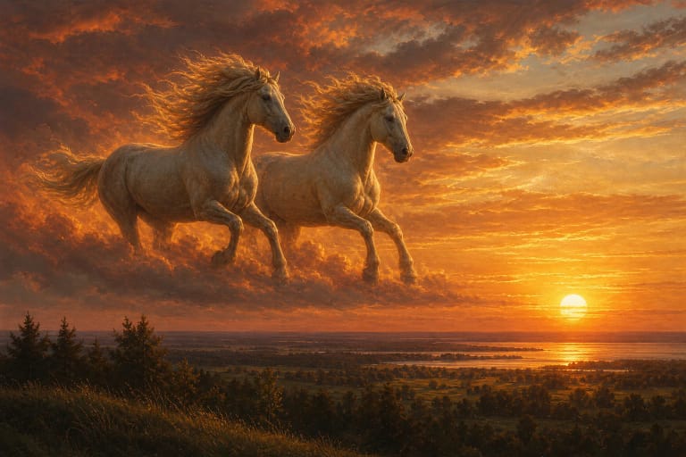 Ašvieniai, two twin heavenly horses, accompanying the Sun in a red evening sky
