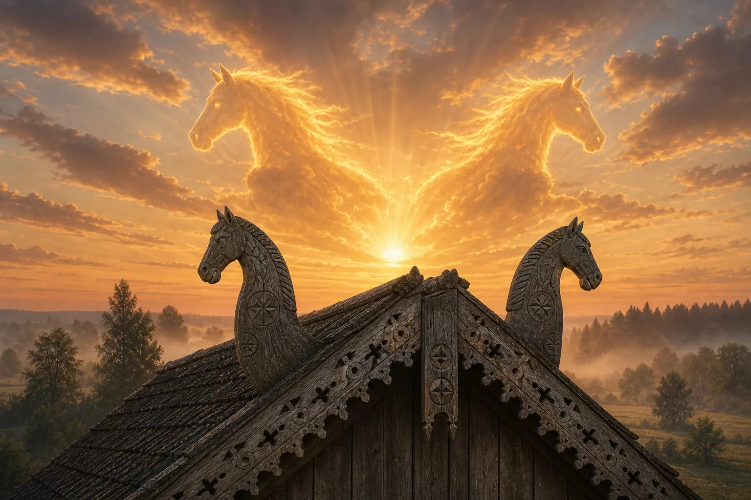 Roof horse finials and the sun road in the image of the divine twins