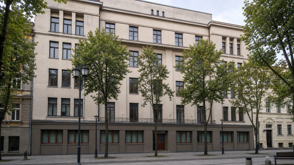 Light five-storey facade of the Ateitininkai Union Palace in Kaunas on Laisvės aleja with rectangular windows, shallow projections, and trees