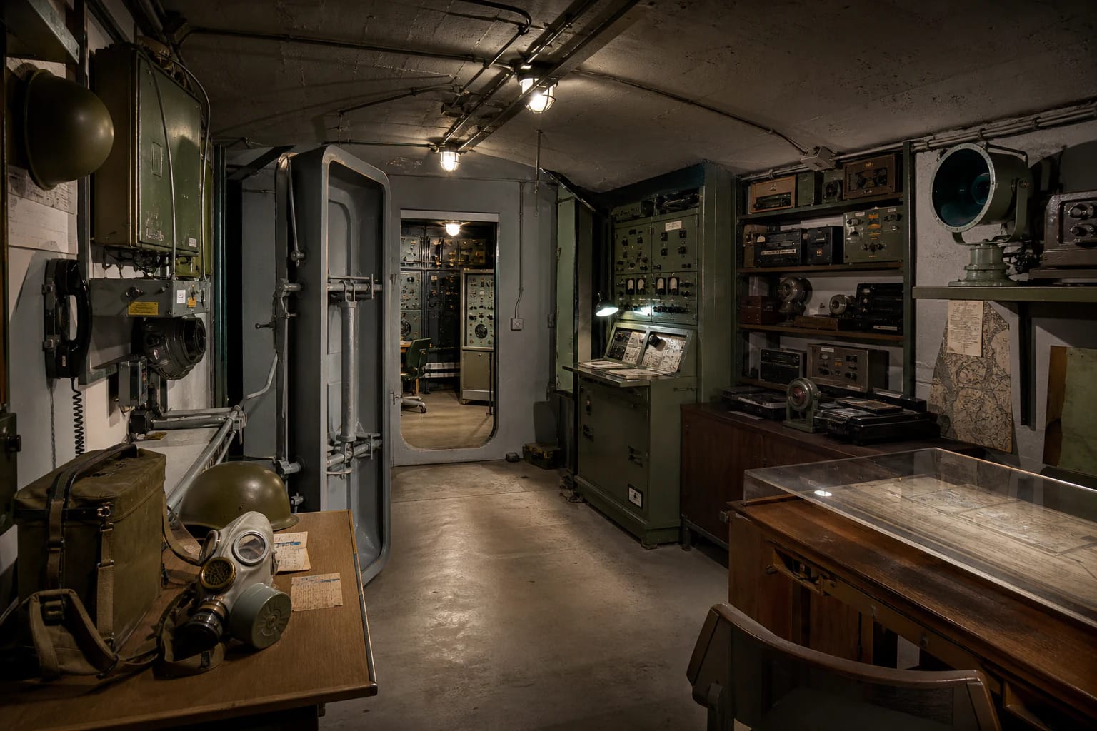 Atomic Bunker exhibition in Kaunas with KGB communication and surveillance equipment, civil defence signs, and metal doors