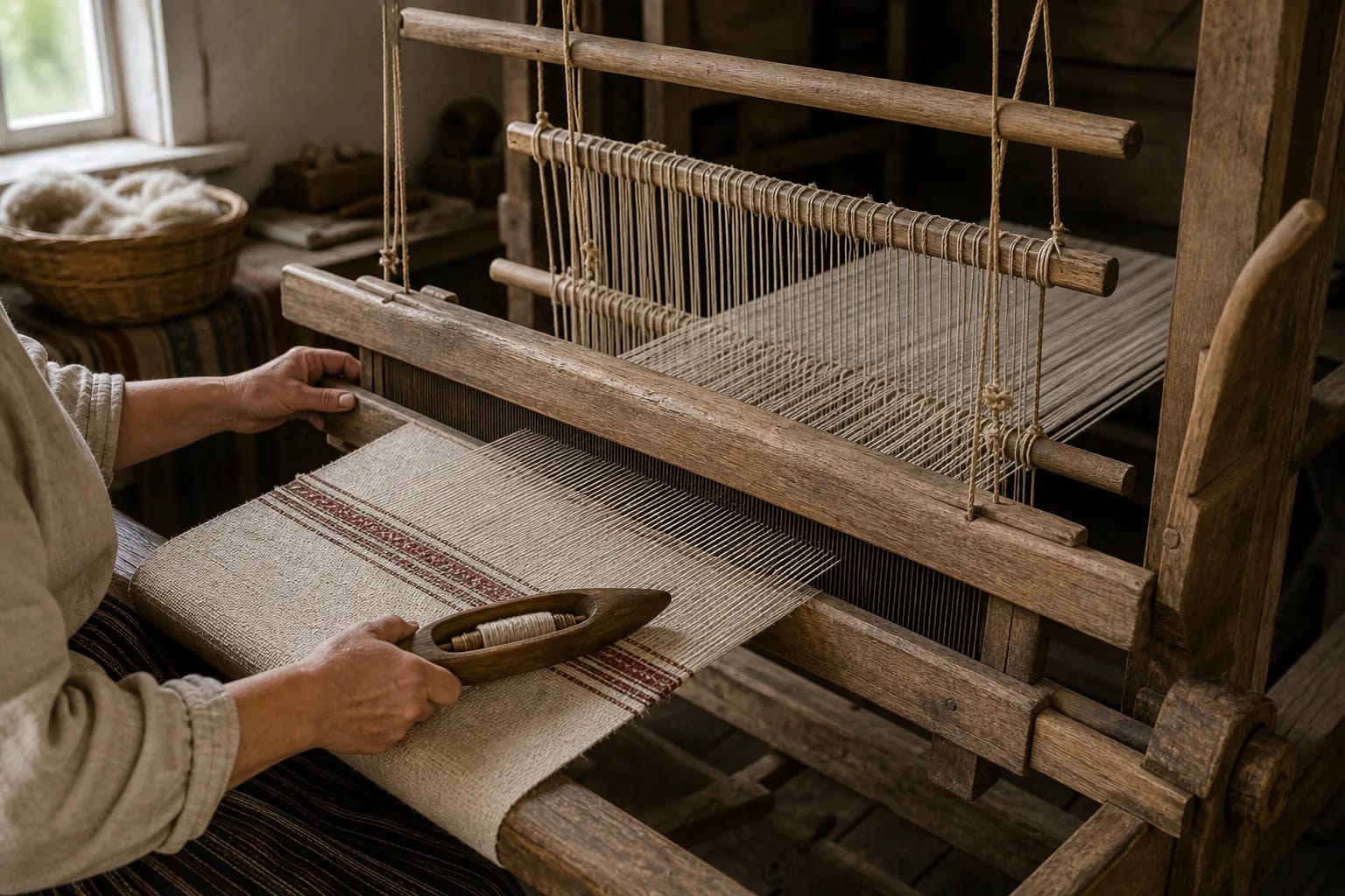 Warp, heddles, reed, and shuttle work together on the loom.