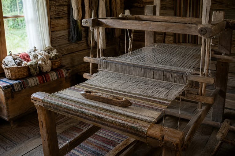 Lithuanian wooden weaving loom with linen warp and fabric being woven