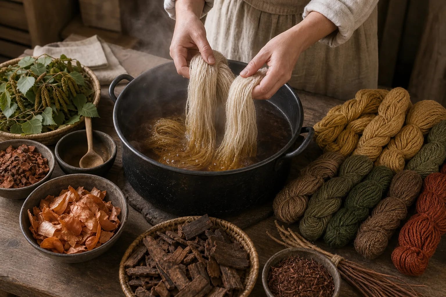 Wool skeins are lowered into a plant-dye bath.