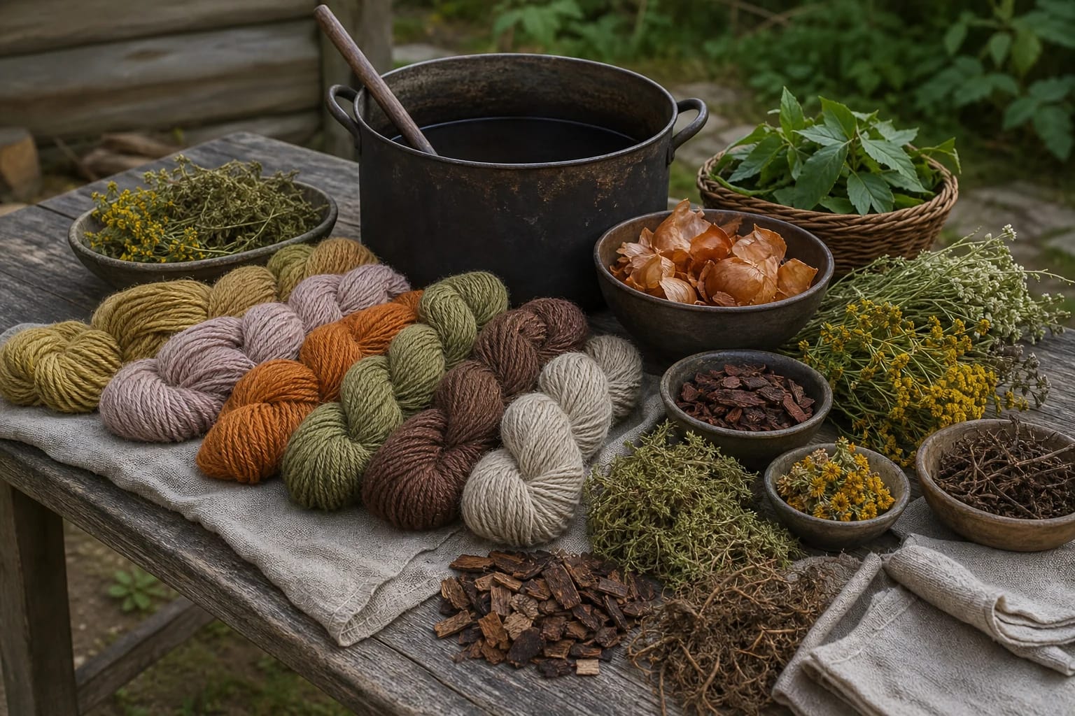 Woolen yarn dyed with plant dyes beside botanical dye materials and a dyeing pot