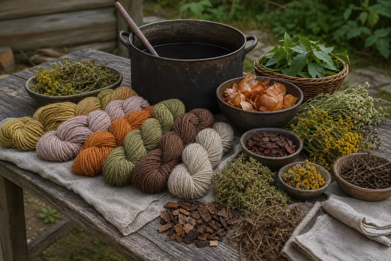 Woolen yarn dyed with plant dyes beside botanical dye materials and a dyeing pot